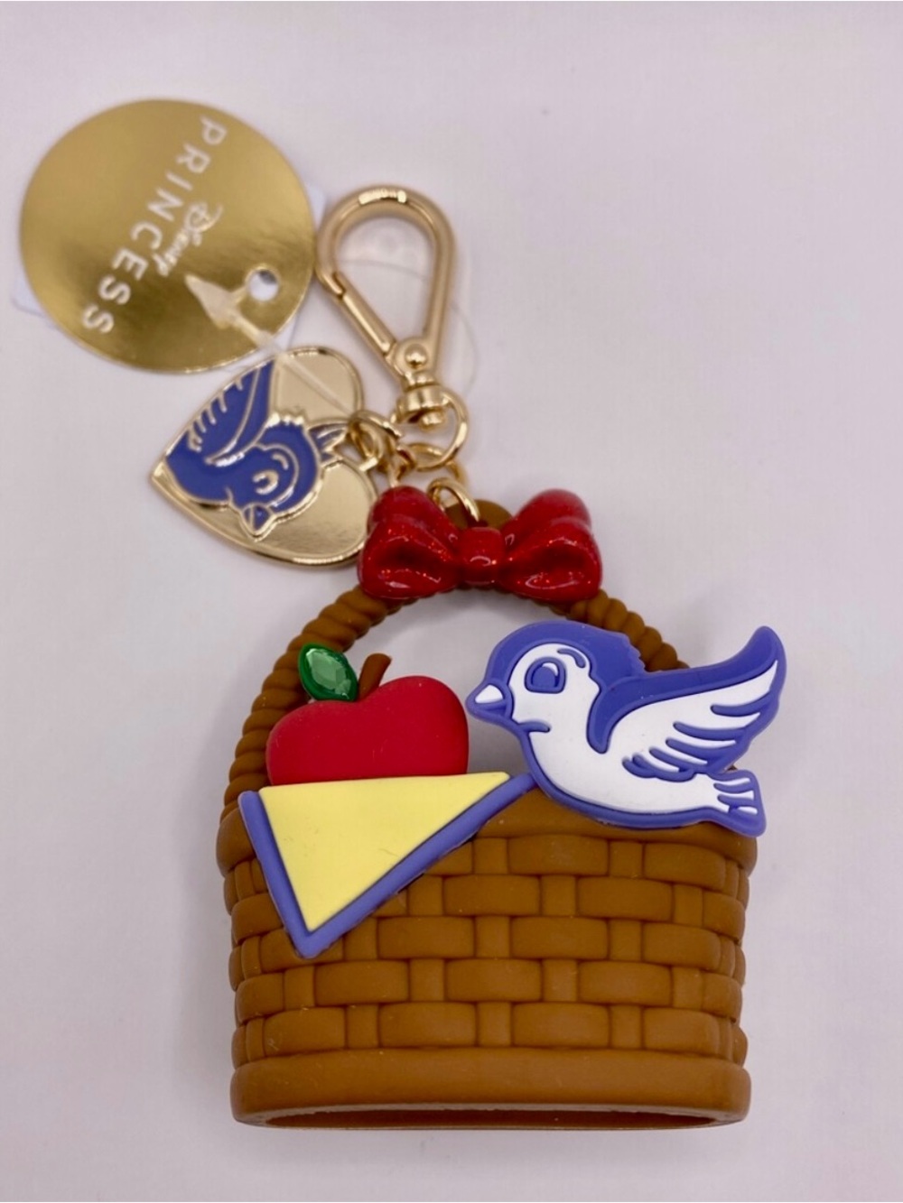 Bath & Body Works Blue Bird and Red Apple Basket Keychain with Gold Hardware